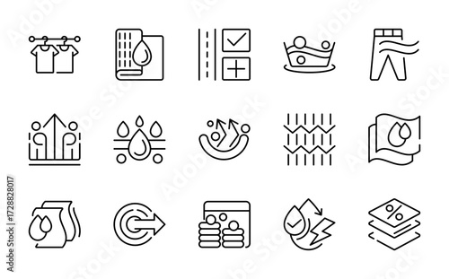 Apparel fabric features linear icon set. Waterproof, breathable, elastic, eco-friendly, knitting, antistatic, antibacterial, insulation, softness, vector outline UI pack.