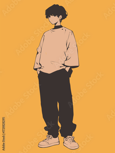 A young individual in a loose-fitting sweater and baggy pants poses with a relaxed demeanor. The vibrant yellow backdrop enhances the overall vibe of confidence and style.