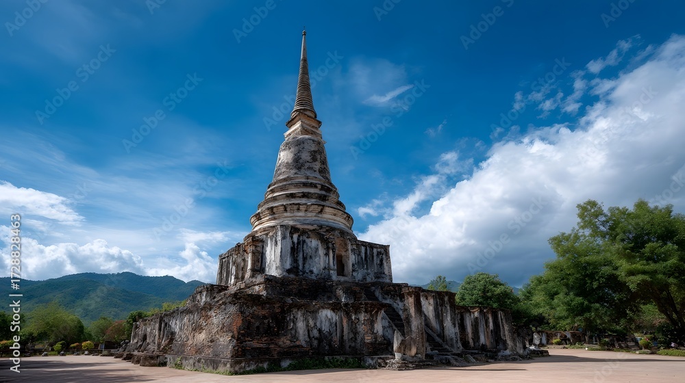 Fototapeta premium An ancient weathered Buddhist stupa stands tall against a vibrant blue sky with scattered clouds