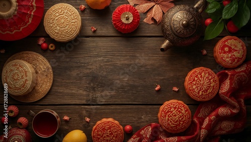 Moon cake on white background, Chinese mid-autumn festival food. Moon cake for Mid-Autumn Festival on rustic wooden background