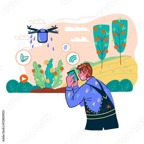 Smart Farming Smart farming vector illustration. Farmer with wireless IoT icons showing greenhouse, water drop, weather, and temperature monitoring