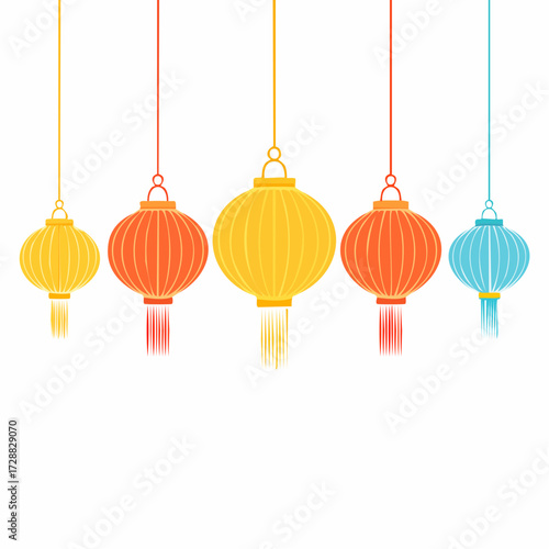 Festive Lanterns: A captivating array of colorful, spherical lanterns, each radiating a warm, inviting glow, hang suspended in a symmetrical pattern.