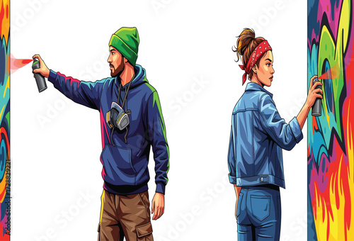 Street graffiti artists, man and woman painting wall with spray paint, colorful urban art, creative street culture, modern artistic expression illustration