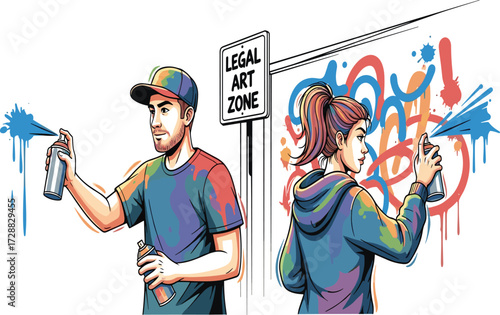 Urban graffiti artists spray painting wall in legal art zone, colorful street art expression, male and female creative collaboration scene