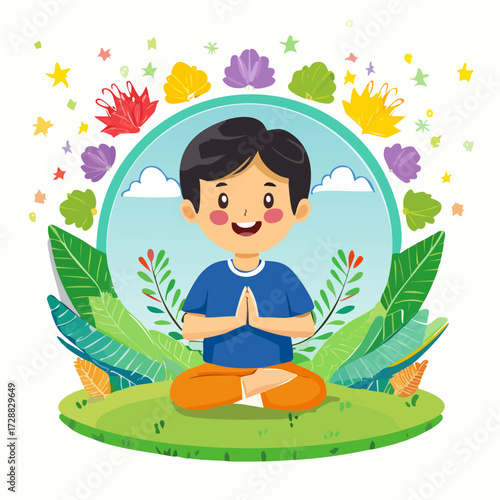Boy meditating in lotus position on grass with floral background.