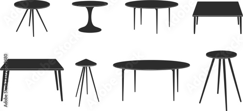 Modern dining and coffee tables silhouette vector illustration, minimalist furniture design, black isolated icon set, home interior decor, restaurant and kitchen table collection