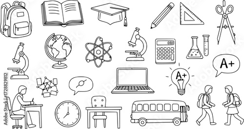Doodle style educational icons featuring student life and school supplies