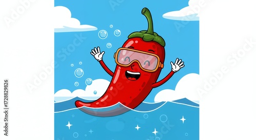 Cartoon chili pepper swimming in water wearing goggles fun summer illustration