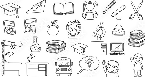 Doodle style educational icons featuring student life and school supplies