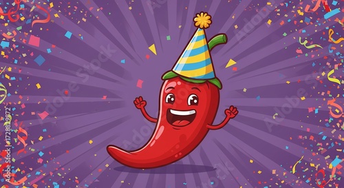 Cartoon chili pepper with party hat on purple background surrounded by confetti