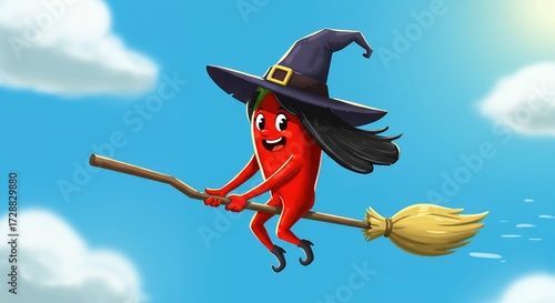 Cartoon chili pepper witch flying on broom against blue sky with clouds