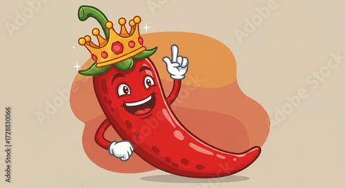 Cartoon red chili pepper character with crown and white gloves isolated illustration