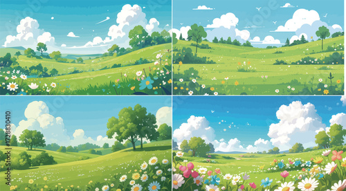 Green hills stretch across the landscape, dotted with colorful flowers and under a bright blue sky. Fluffy clouds float above in a peaceful spring scene.