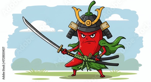 Cartoon red pepper samurai warrior with sword and helmet