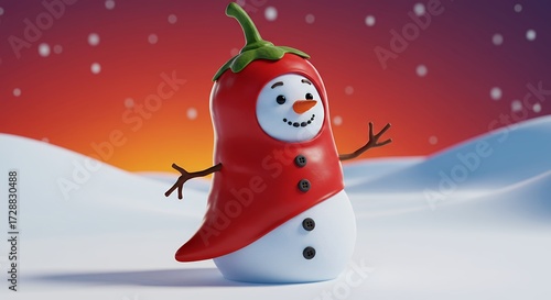 Chili pepper snowman winter scene festive illustration