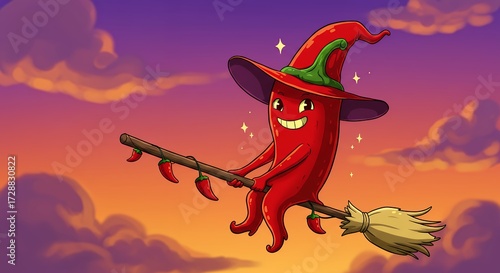 Whimsical red pepper in witch hat flying on broom against sunset sky
