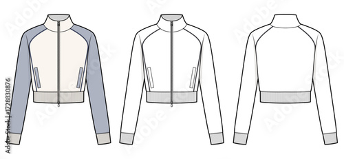 Unisex Cropped Zip-Up Track Jacket Technical Fashion Illustration. Raglan Sleeve Jacket with Ribbed Hem. White Body with Light Gray-Blue Contrast Sleeves and Solid White Version. CAD Mockup Set.