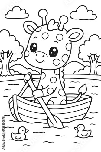 Adorable giraffe rowing boat on lake with ducks in a charming illustration