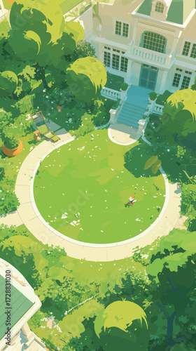 A vibrant courtyard is filled with fresh greenery and sunlight. A person relaxes on grass while the elegant mansion stands nearby in a serene neighborhood.