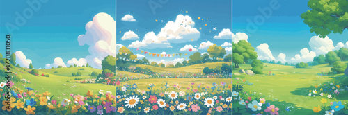 A vibrant meadow filled with a variety of flowers under a sunny sky dotted with fluffy clouds. The landscape is peaceful and bright, inviting outdoor fun and relaxation.
