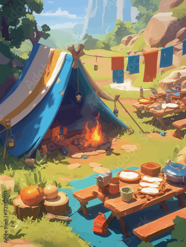 A colorful tent stands in a serene campsite surrounded by lush greenery and rocky terrain. Nearby, a fire burns, with cooking supplies and hanging clothes.