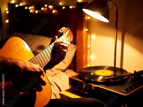 Musician playing chords on a classic acoustic guitar.