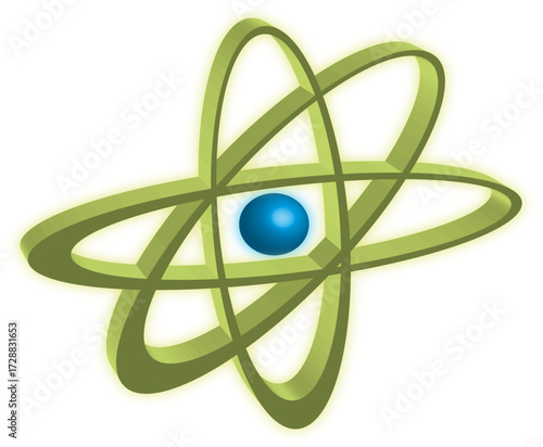 Stylized green atomic orbital symbol and blue nucleus isolated on white background