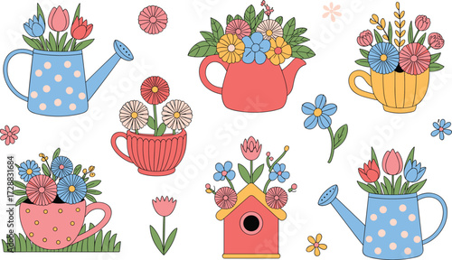 Cute floral teapot, teacup and watering can with spring flowers, decorative bouquet arrangements, colorful botanical garden elements, springtime floral illustration design