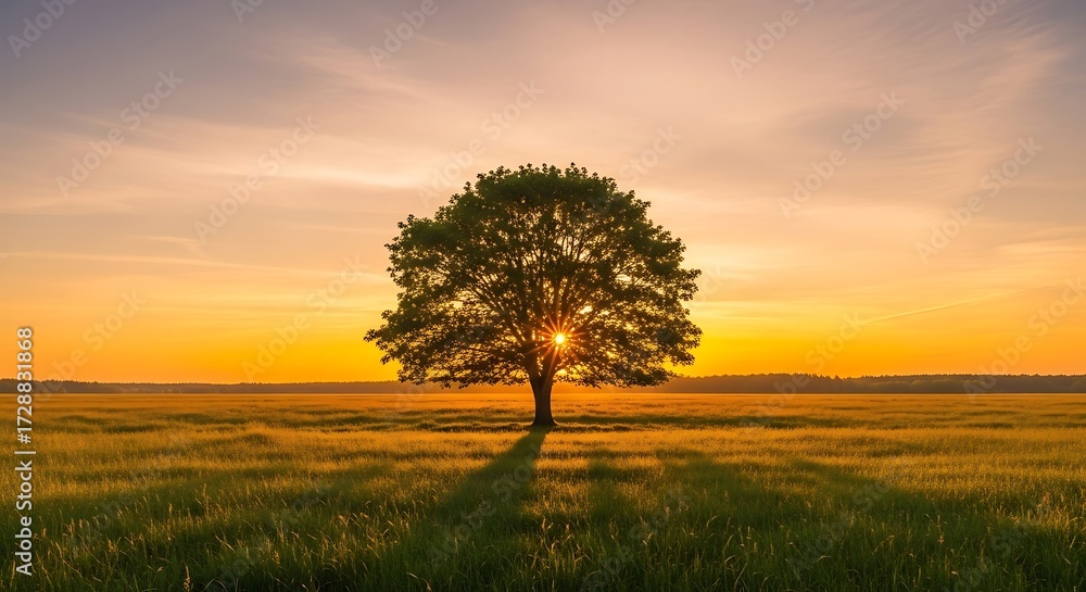Fototapeta premium A solitary tree stands in a vast grassy field with the golden sun setting behind its branches.