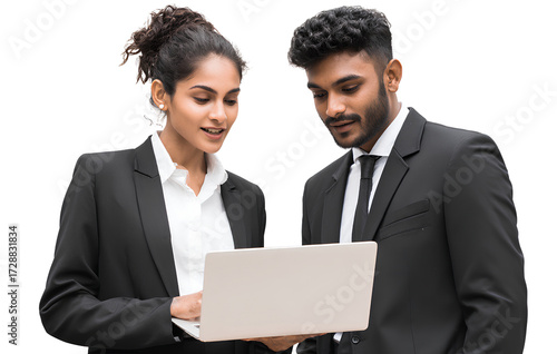 photograph of two business people holding a laptop. an indian man and woman in suits are looking at the screen together