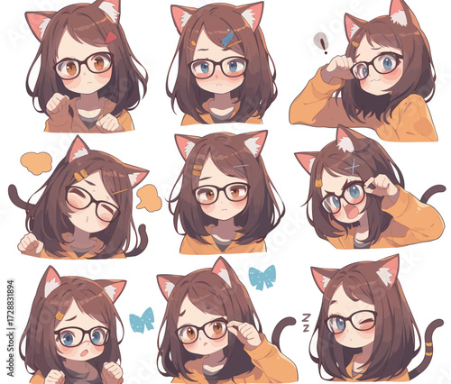 A young girl with brown hair and cat ears showcases various emotions like happiness, curiosity, and sleepiness in a vibrant cartoon style while wearing glasses.