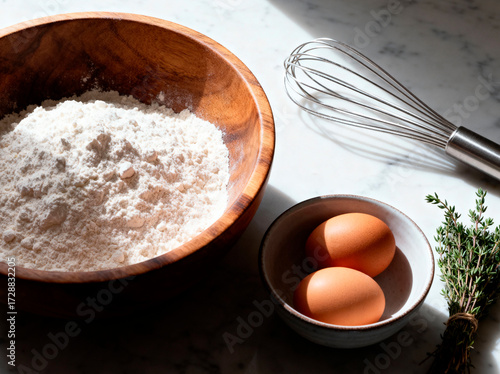 Baking ingredients with flour eggs and whisk on a kitchen counter.