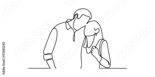 Minimalist one line drawing of a couple embracing in love and intimacy, symbolizing relationship, affection, closeness, and emotional connection, support, romance, family, and togetherness.