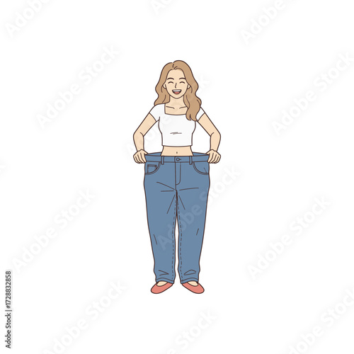 happy woman showing weight loss success by wearing her old oversized jeans. A vector illustration of a successful diet and fitness journey