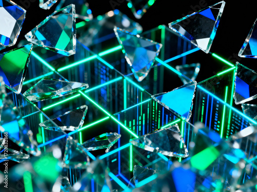 Geometric glass shards with vibrant neon light reflections.