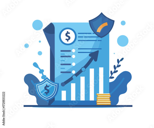 A colorful financial report displays dollar signs, growth charts, and protective symbols, highlighting the importance of financial security and performance progression.