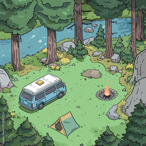 A peaceful campsite located by a river features a blue van, a yellow tent, and a cozy fire pit. Tall trees and rocks create a natural, serene atmosphere.