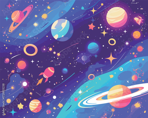 This artwork showcases a bright space scene filled with various planets, colorful stars, and whimsical cosmic elements.