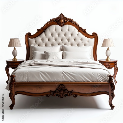 Opulent bedroom showcasing a luxurious bed with ornate wood frame and tufted headboard on white