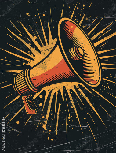 A striking megaphone design shines with vibrant colors against a dark backdrop. The artwork features sharp lines and bursts of energy, perfect for conveying messages loudly.