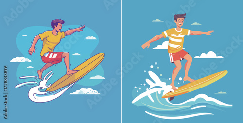 Two surfers catch waves on yellow boards in a vibrant blue sky. The scene shows dynamic movements as they skillfully navigate the water and enjoy their activity.