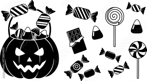 Retro halloween candy icons in vintage style with pumpkin treat bag