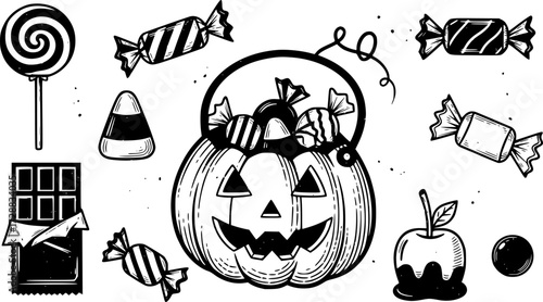 Retro halloween candy icons in vintage style with pumpkin treat bag