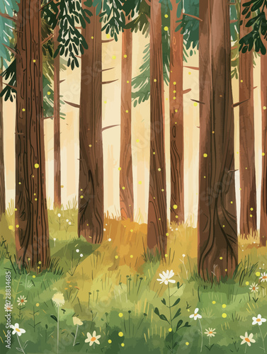 Tall trees surround a peaceful forest clearing filled with green grass and wildflowers. Sunlight filters through the leaves, creating a serene atmosphere.
