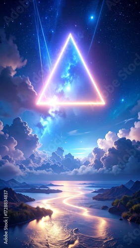 A vibrant, glowing triangle hovers over a serene, winding river landscape at night
