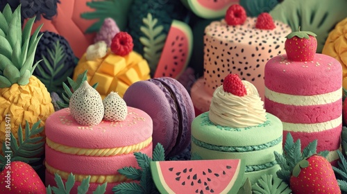 Whimsical dessert land of sculpted sweets, fruits, and pastel macarons
