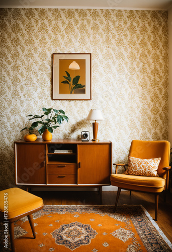 1970s inspired interior, retro furniture, vintage styling, professional lifestyle