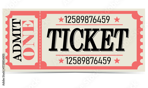 Coupon, vintage coral ticket for one person drawing without background, with shadow. Ticket template vector, with perforation for cinema, circus, concerts, invitations.
