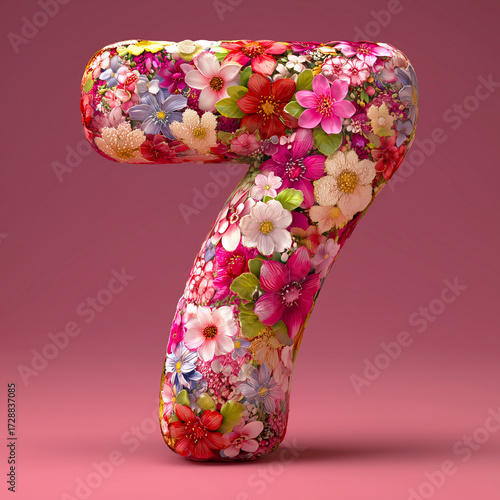 Number seven decorated with colorful flowers.