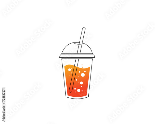 Refreshing orange juice in a plastic cup with straw